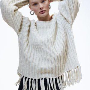 H&M Cream Fringe Trimmed Ladies Casual Chunky Sweater, XS‎